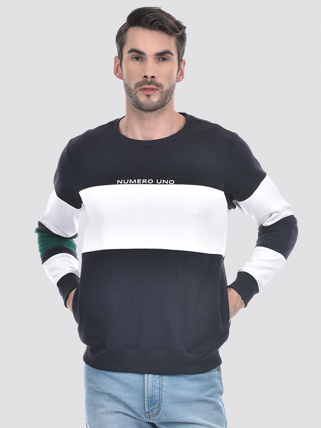 Numero Uno Men Blue Color Block Round Neck Brushed Fleece Sweatshirt